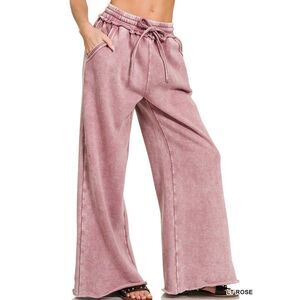 Zenana Acid Wash Fleece Palazzo Sweatpants With Pockets Light Rose NEW
